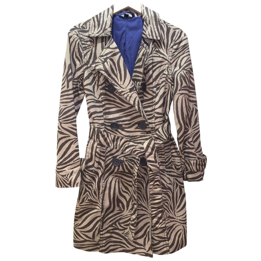 BODEN Women Trench Coat Sz 12 Brown Zebra Print Belted Lined Jacket Coat